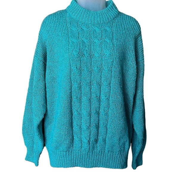 Vtg 80s Bristol Court Green Mock Neck Cableknit Grandma Sweater Sz M Chunky Knit - Picture 2 of 9